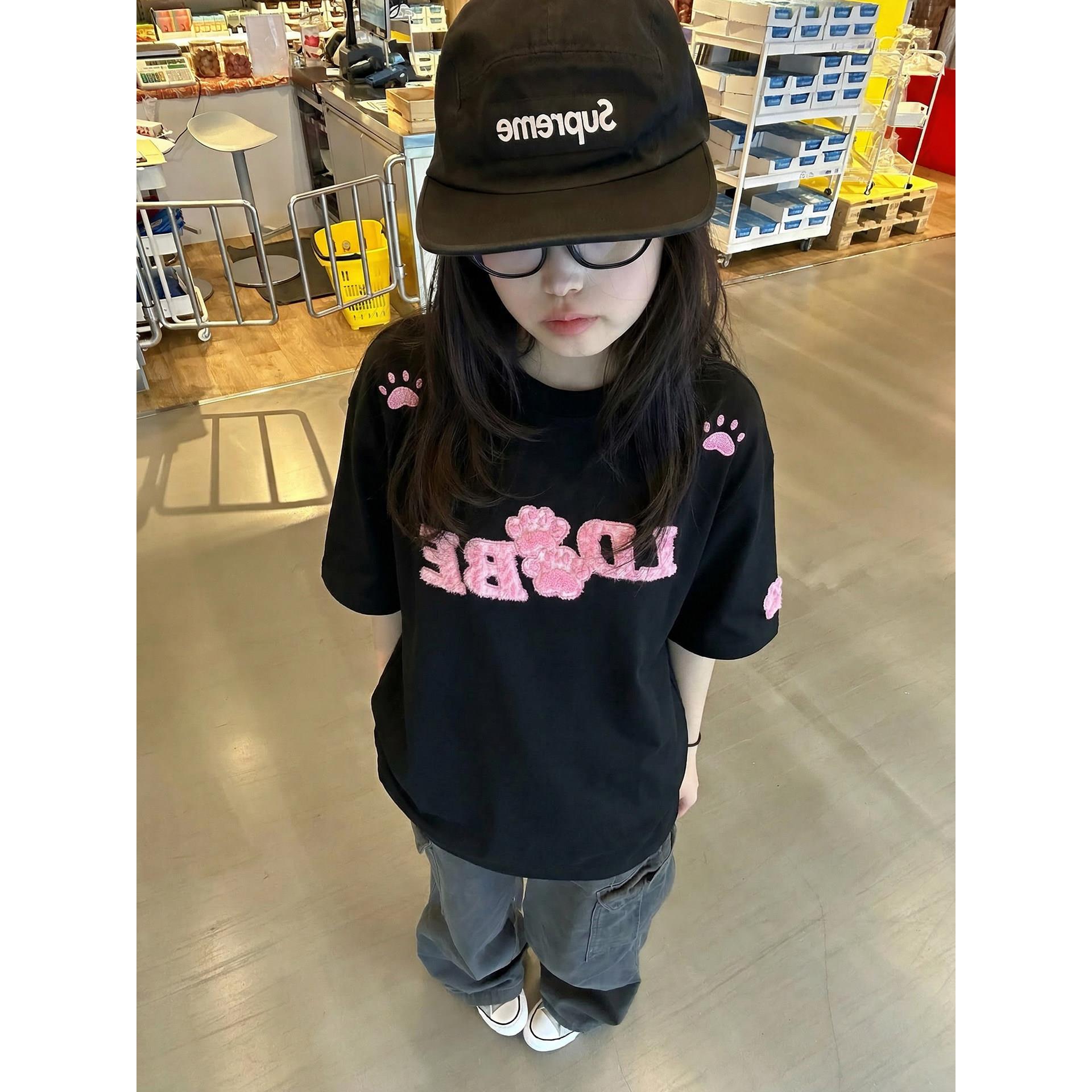 潮牌字母刺绣短袖T恤女夏季2026新款宽松慵懒风黑色圆领纯棉上衣图片