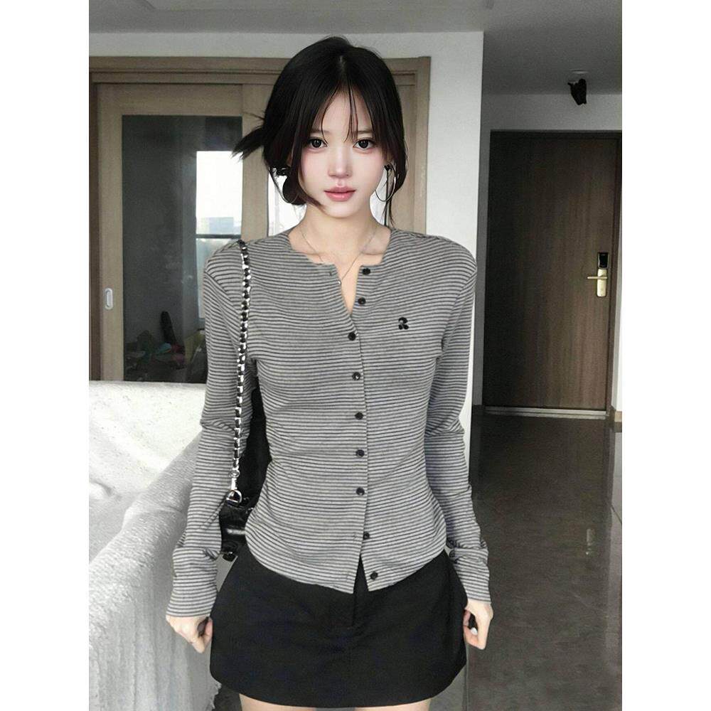 美式黑灰条纹开衫长袖t恤女春季设计感百搭高级感修身外套短上衣