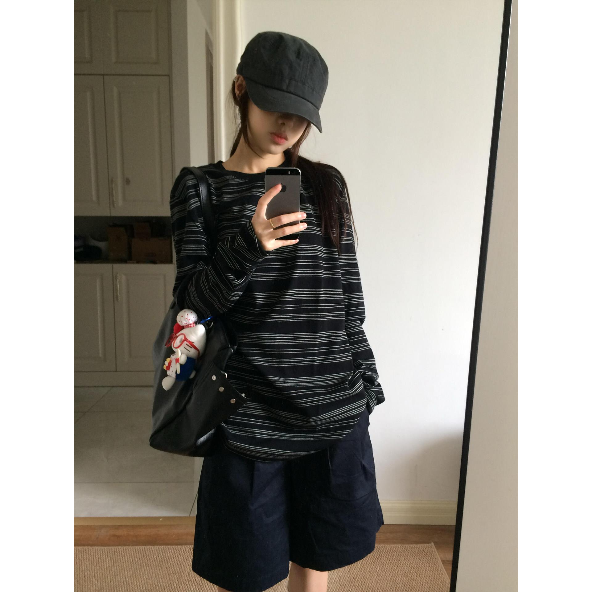 秋季韩系慵懒条纹长袖T恤女图片