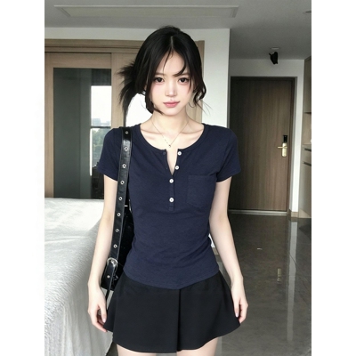 藏青亨利领短袖修身显瘦T恤女