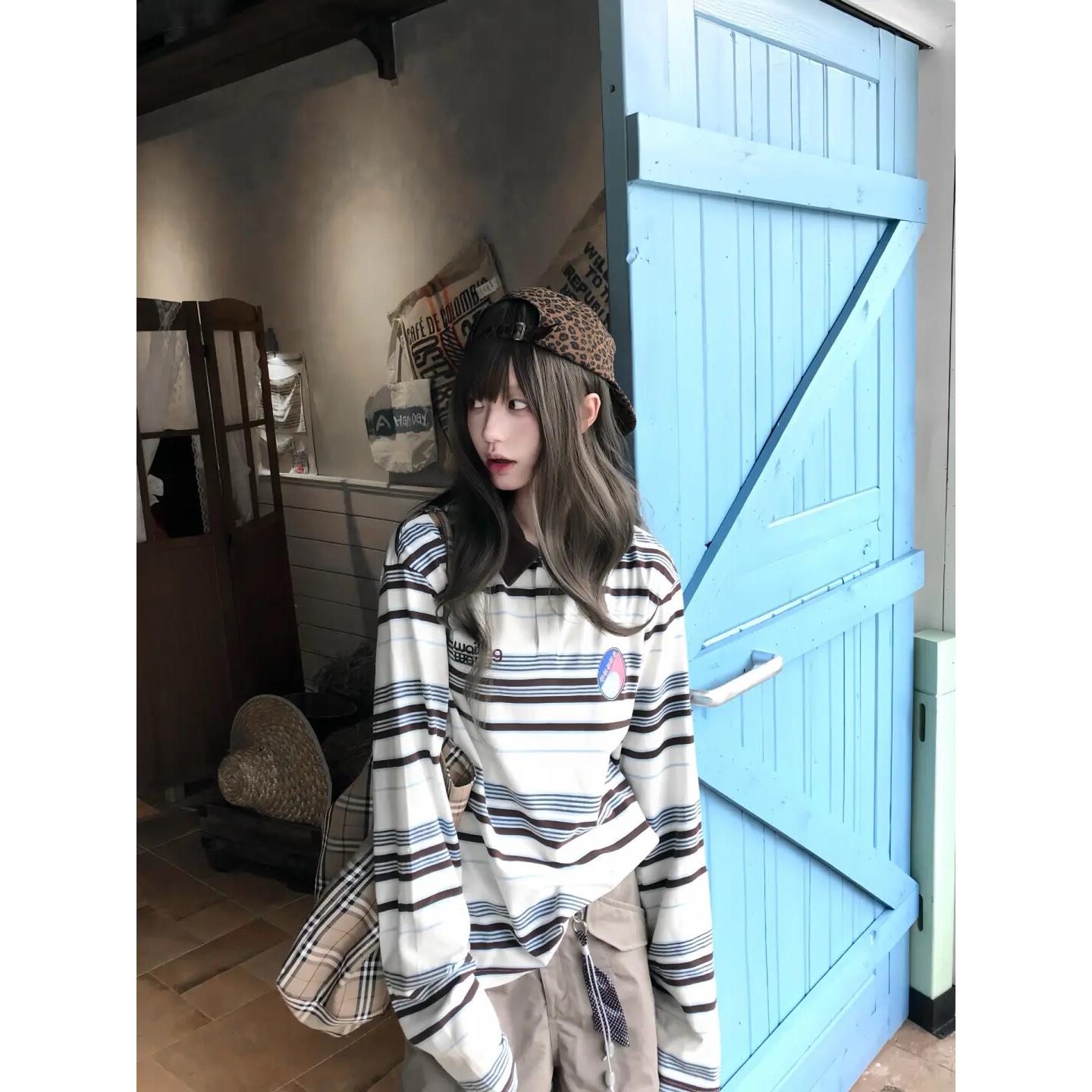 美式撞色条纹翻领POLO衫长袖T恤女春秋季新款学院风复古刺绣上衣