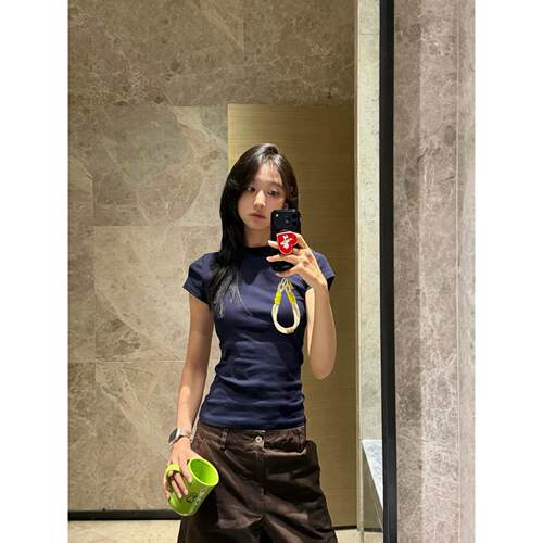 夏季纯棉藏青修身短袖T恤女