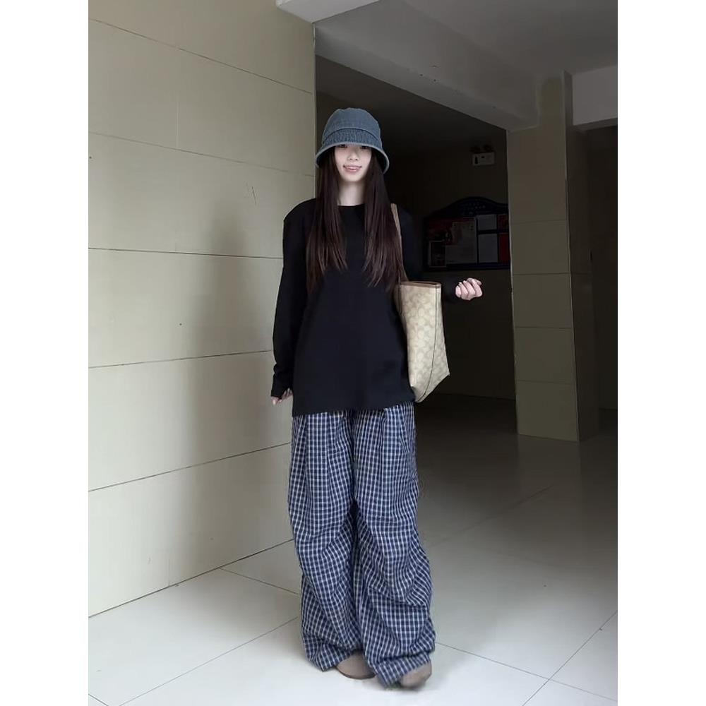 纯棉重磅圆领黑色长袖t恤女早秋季宽松打底衫纯色基础款内搭上衣