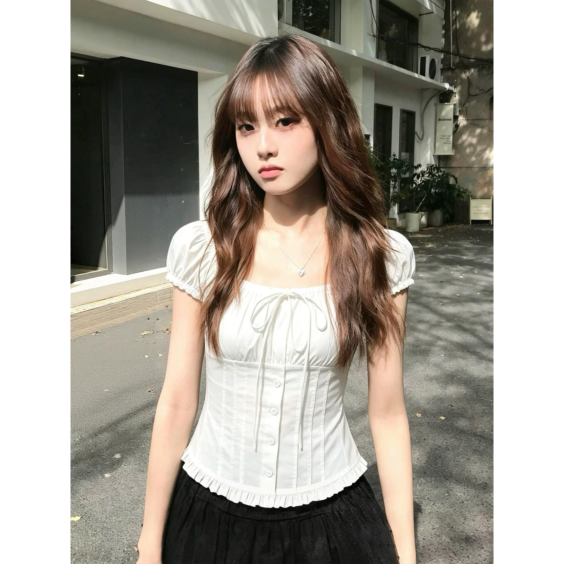 韩系气质镂空方领短袖衬衫女夏季绑带泡泡袖衬衣小衫修身显瘦上衣