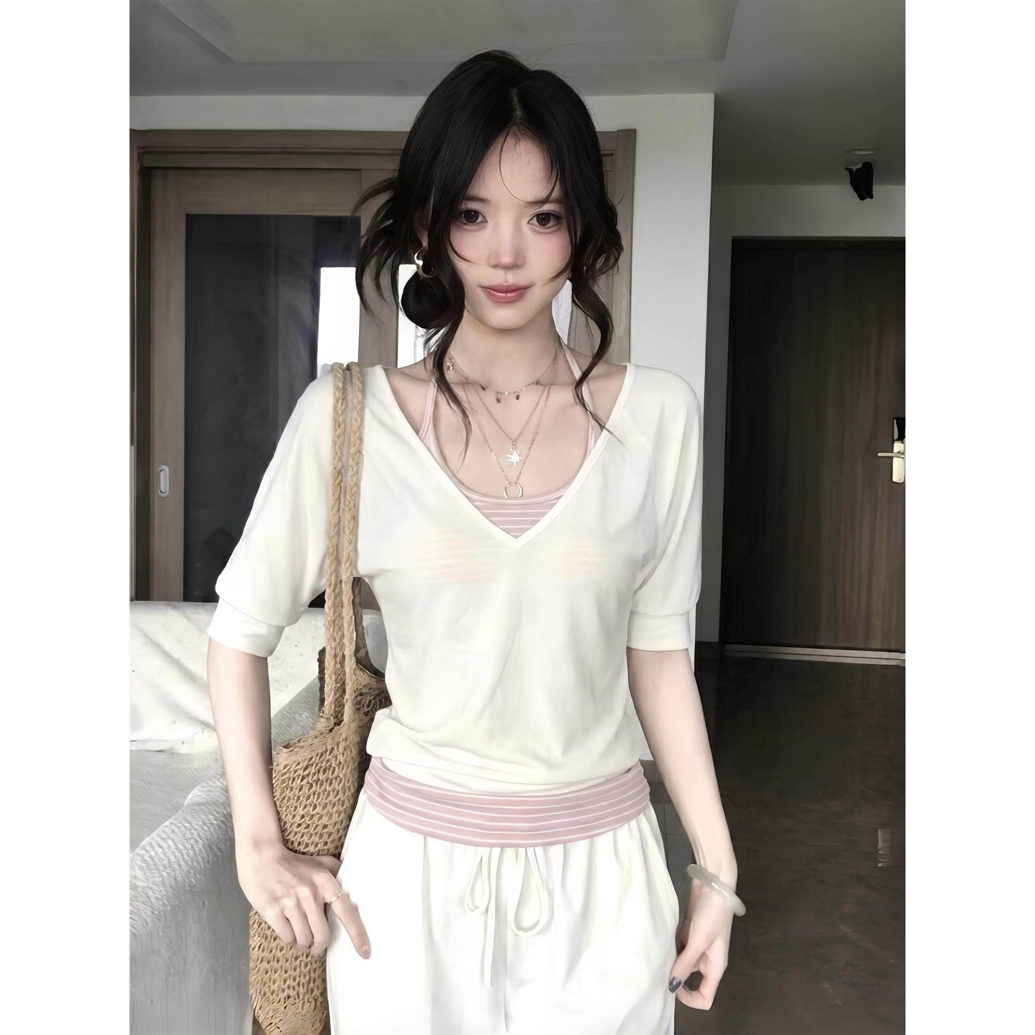 韩系短袖t恤女两件套夏季穿搭条纹吊带背心宽松休闲罩衫中袖上衣