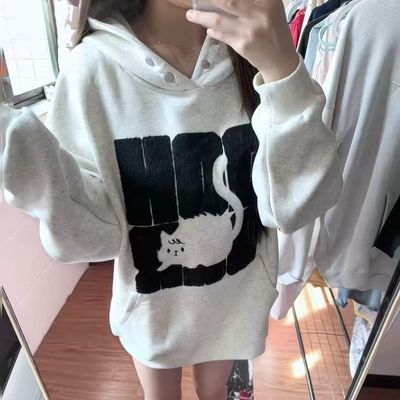 【可爱猫咪字母绣花+纽扣设计】重磅灰色连帽卫衣女学院风ins上衣