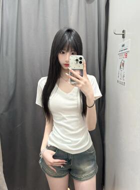 白色v领正肩纯棉短袖t恤女夏季纯欲辣妹修身打底内搭短款半袖上衣