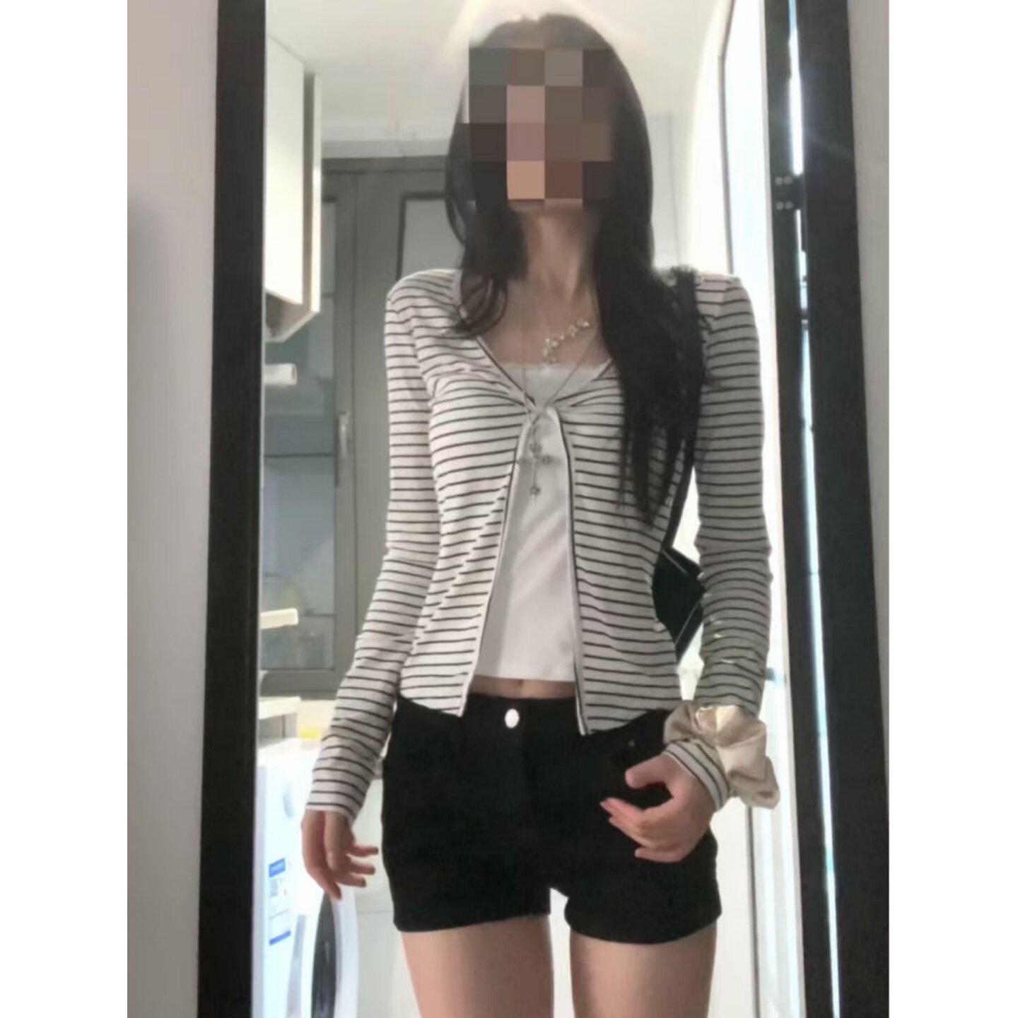 韩系古早味黑白撞色条纹假两件开衫长袖t恤女早秋季修身短款上衣