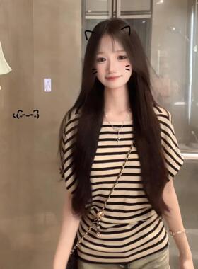 法式温柔设计感条纹短袖T恤女夏季新款宽松慵懒收腰显瘦小众上衣