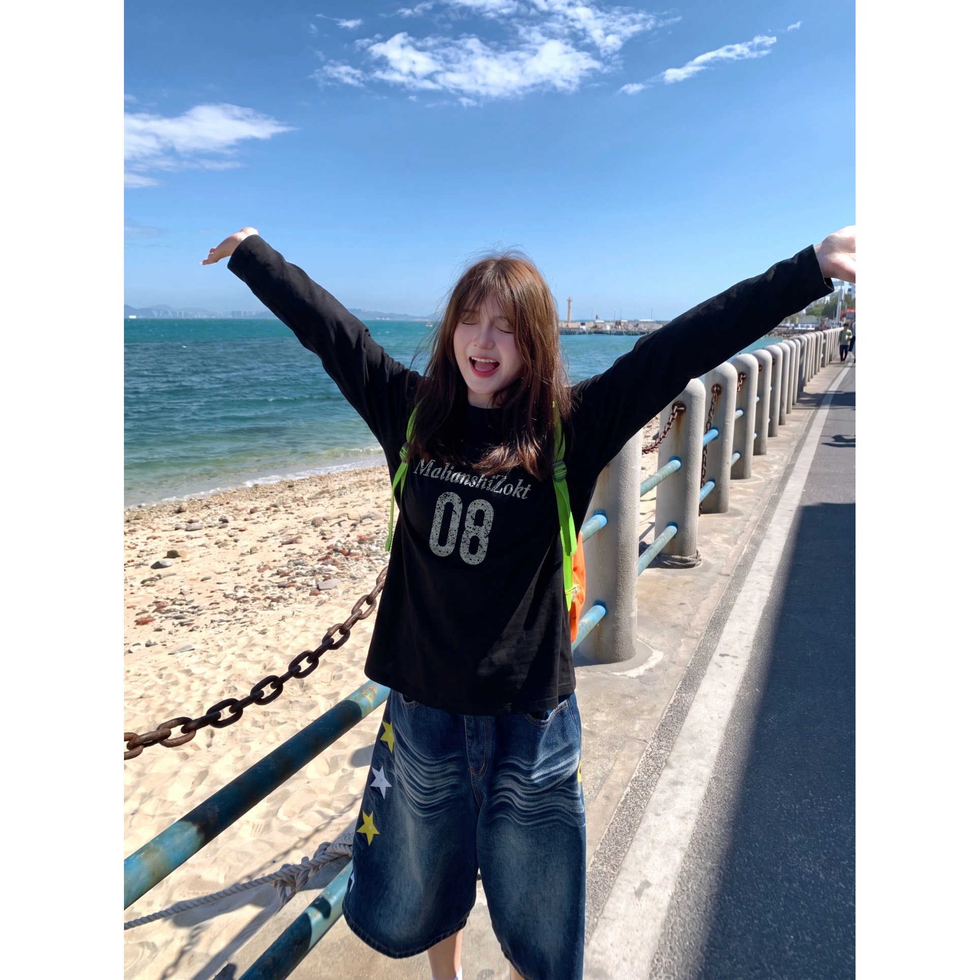 無定位 美式数字印花黑色长袖t恤女秋季设计感小众宽松慵懒风上衣