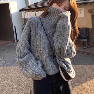 慵懒风灰色高领短款麻花毛衣女2024秋冬新款宽松港味复古chic上衣