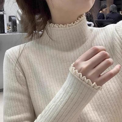 花边领中领针织打底衫女内搭加绒加厚女上衣秋冬高级感半高领毛衣