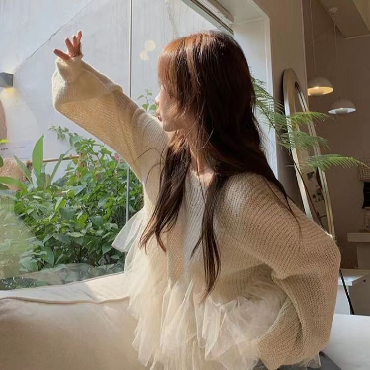 温柔网纱甜美毛衣女秋季小众设计感拼接针织衫小个子洋气仙女上衣
