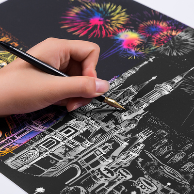 刮画纸a3城市夜景diy手工带框刮刮画儿童有图案男女炫彩解压玩具