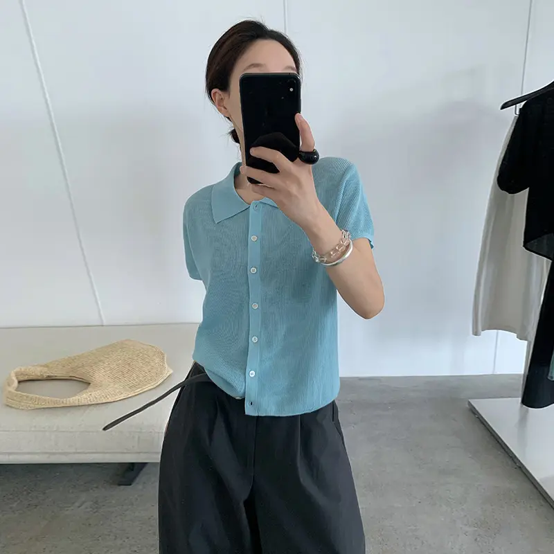 TG 韩系简约纯色短袖翻领单排扣显瘦针织上衣女2025夏季新款24806