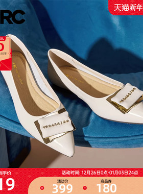 YRC真皮平底单鞋女春季新款浅口尖头气质方扣优雅百搭妈妈鞋