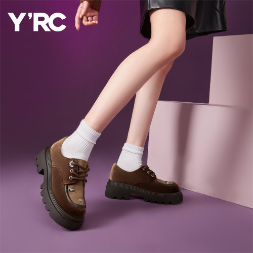 YRC厚底乐福鞋系带复古绒面女鞋