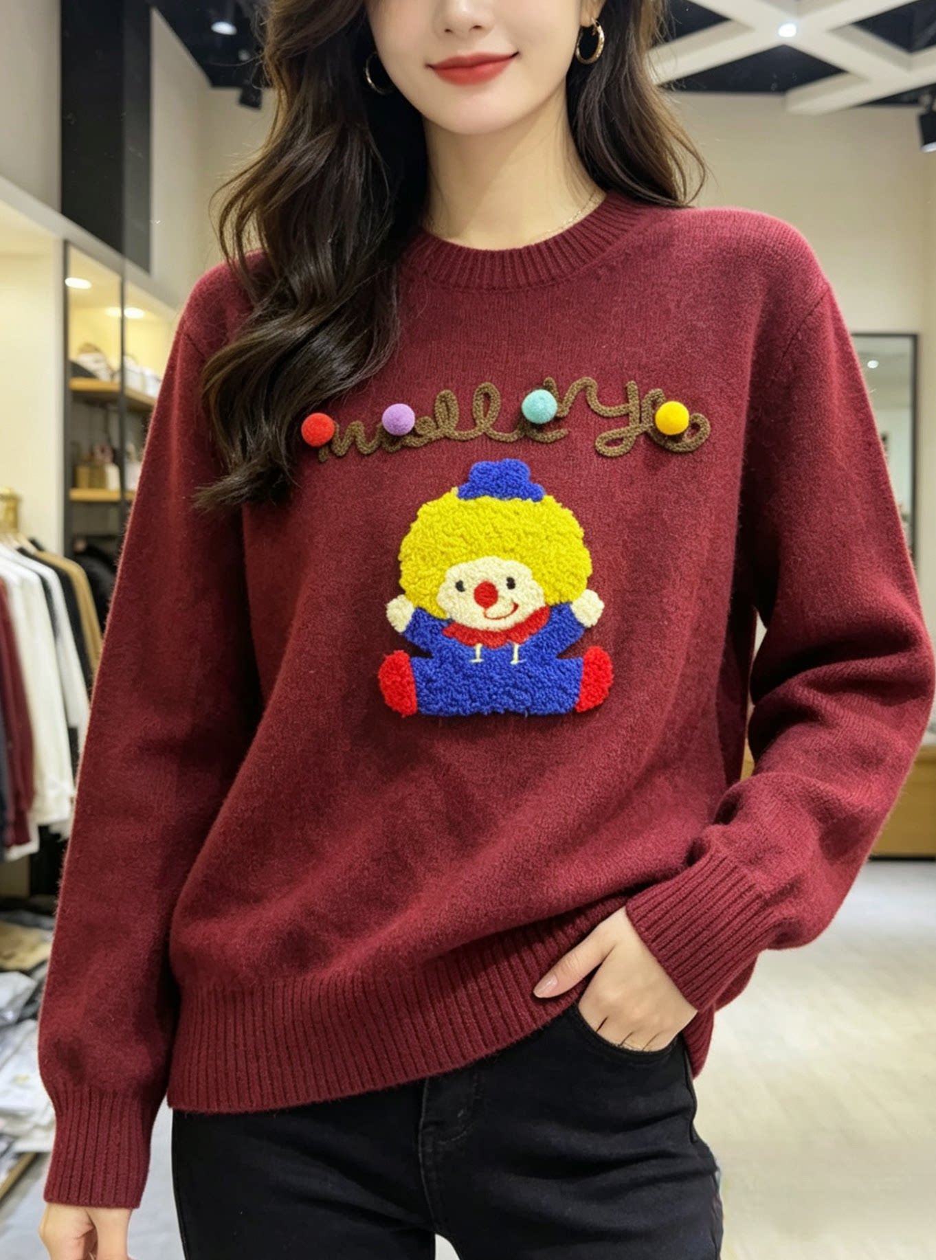 新款圆领套头毛衣女宽松慵懒风羊毛针织衫
