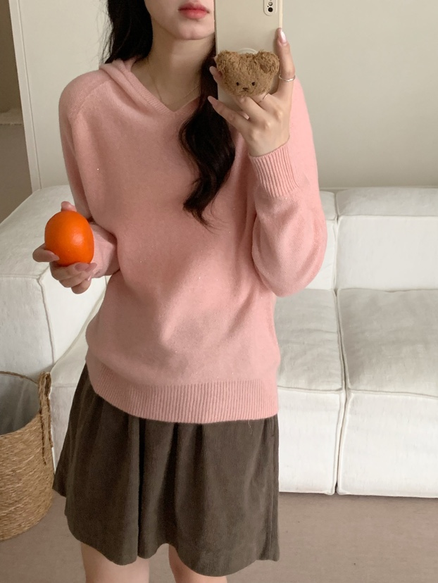 100%羊毛连帽针织衫上衣女复古日系慵懒风无缝一体高级感毛衣外套