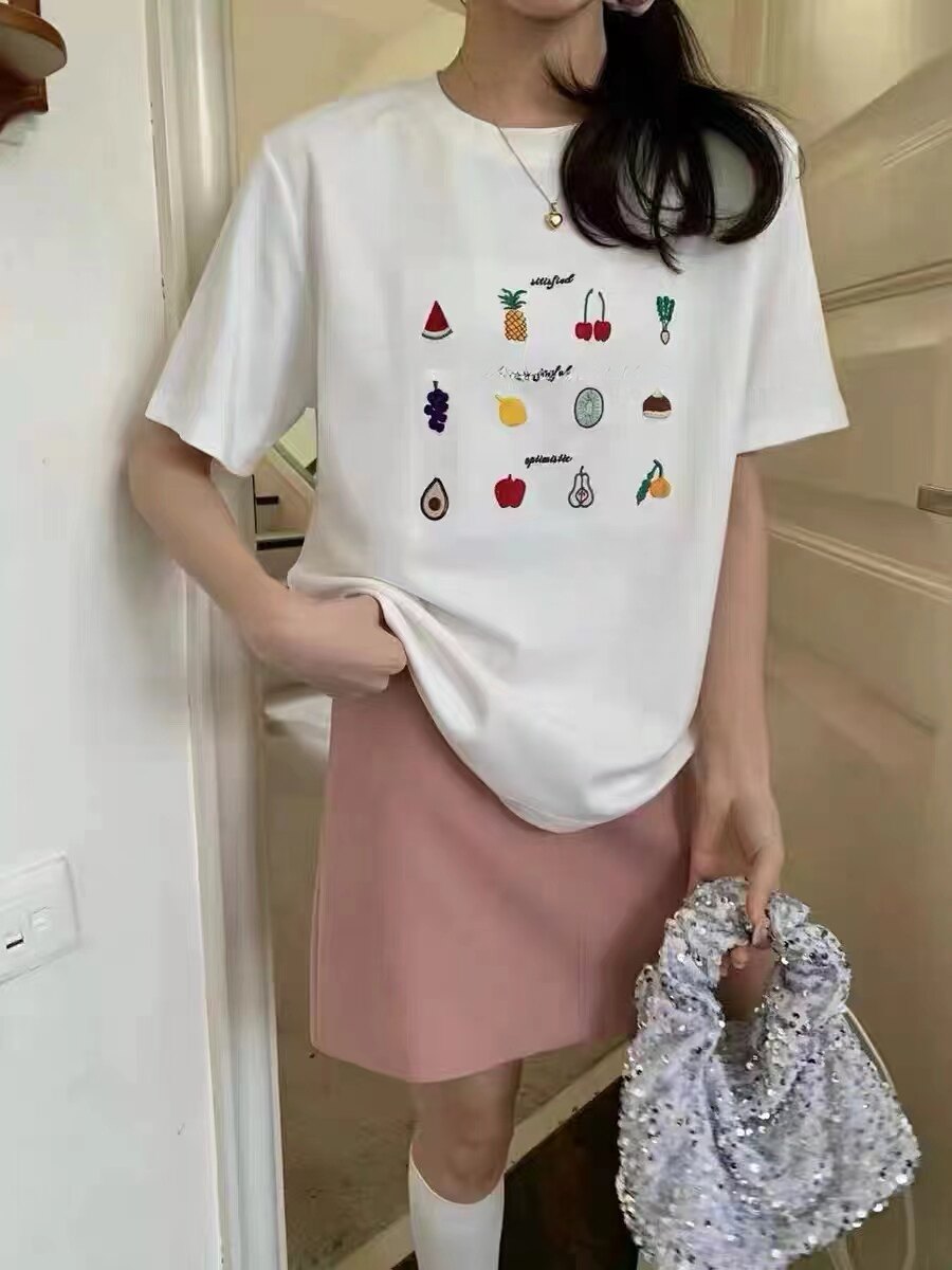 新款休闲圆领水果刺绣百搭短袖T恤韩版显瘦上衣女