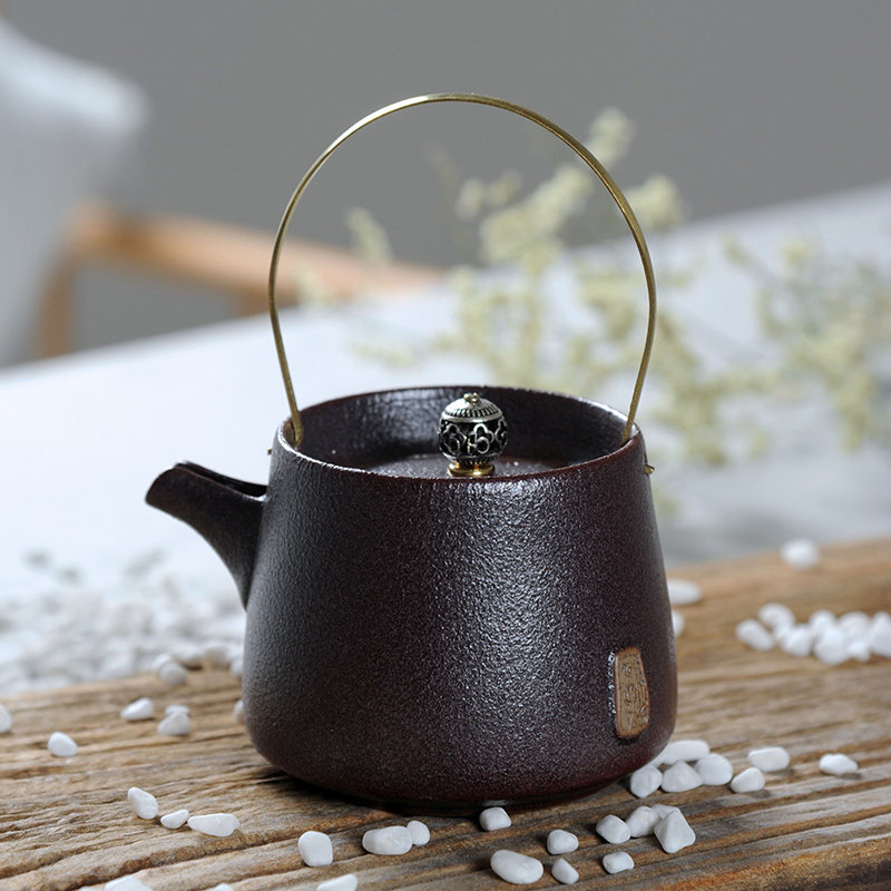 景德镇手工功夫茶具粗陶黑陶茶壶 日式创意提梁壶 红茶泡茶器单壶