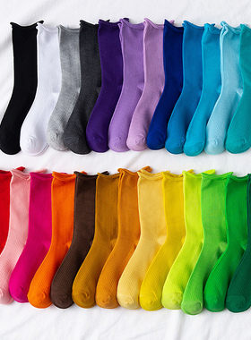 彩色袜子女中筒袜ins潮糖果色绿色荧光色纯棉韩国春秋纯色堆堆袜