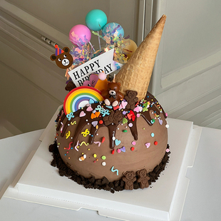 网红奶油巧克力蛋筒生日蛋糕卡通儿童派对淋面冰激凌小熊气球插件