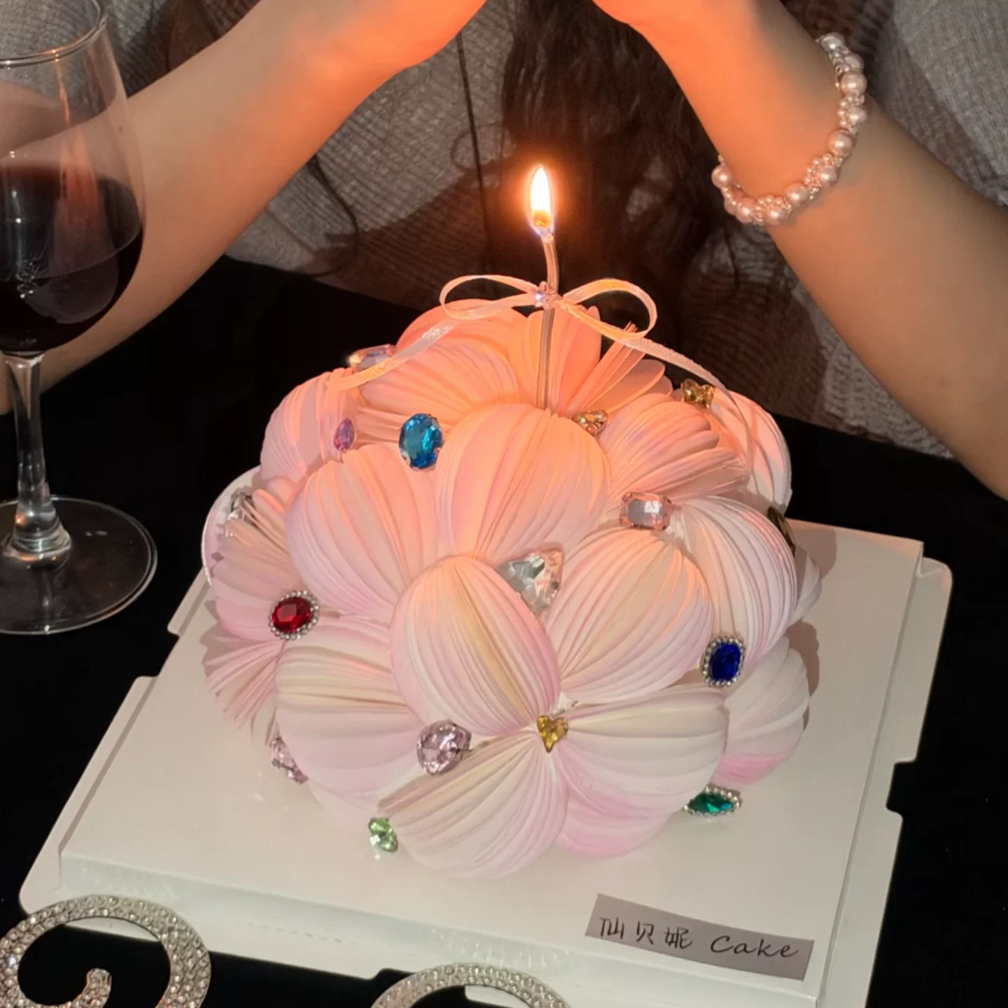 仙贝妮同款女生女神生日蛋糕装饰成品糯米花灯笼花宝石钻石摆件