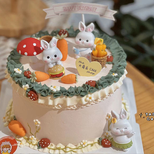 森系可爱小兔子蛋糕装 饰箩筐胡萝卜兔宝宝满月百天生日宴摆件插件