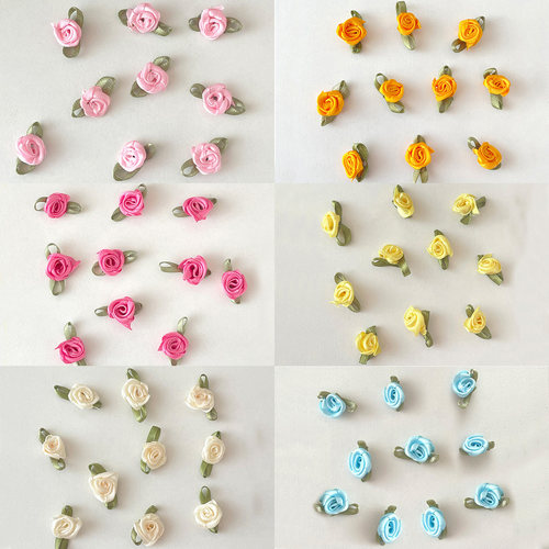 diy缎带玫瑰花材料 绿叶小花朵马卡龙色小玫瑰丝带蛋糕装饰插件