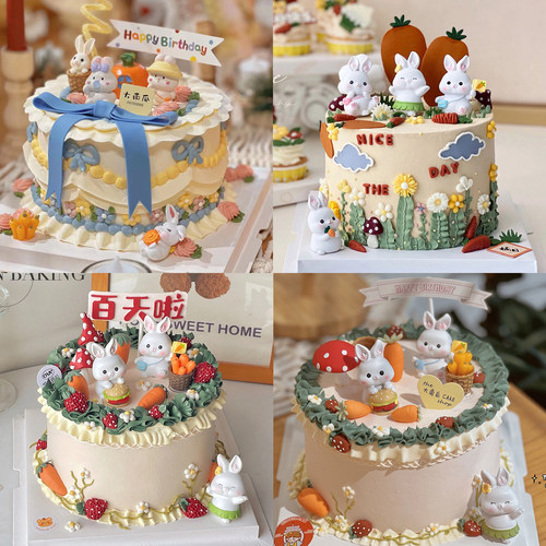 兔宝宝蛋糕装饰 森系可爱小兔子一周岁生日甜品台蛋糕插牌插件