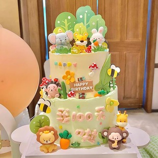 动物园小动物蛋糕装饰摆件卡通可爱老虎狮子大象儿童生日甜品插件