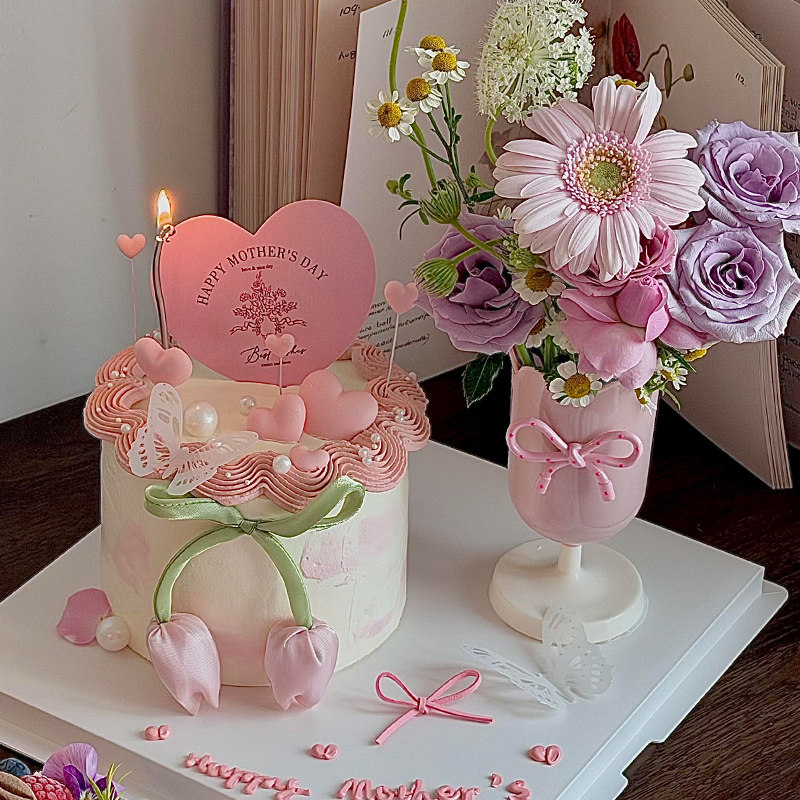 2026母亲节郁金香花瓶鲜花蛋糕杯郁金香花苞丝带妈妈节日烘焙插件
