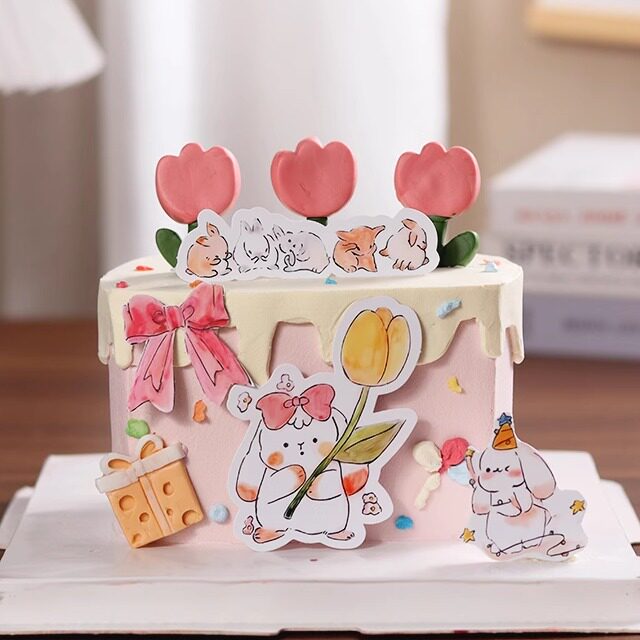 卡通小兔子生日蛋糕装饰芭蕾舞女孩周岁花朵蝴蝶结插牌郁金香插件