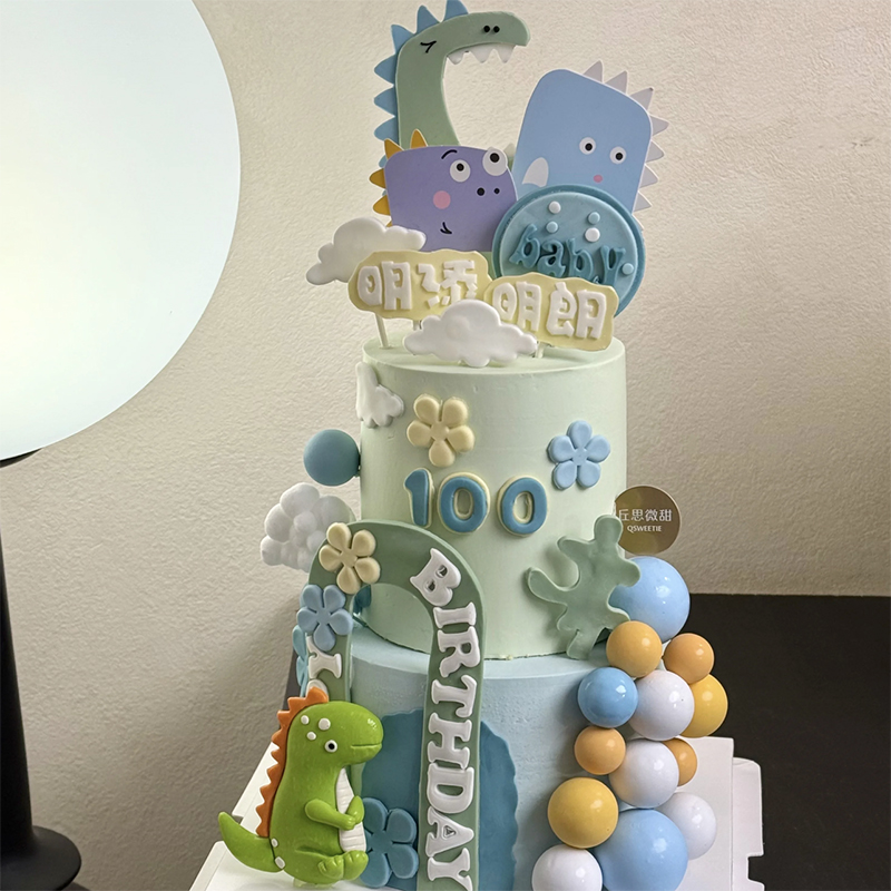 网红卡通男孩生日蛋糕装饰摆件软陶恐龙霸王龙可爱宝宝甜品台插件