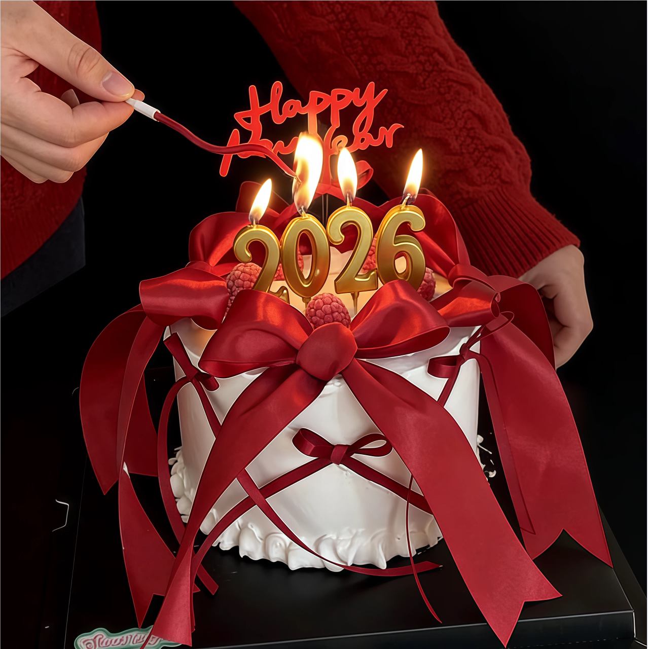 跨年金色2026数字蜡烛蛋糕装饰红金礼花蛋糕插件红色蝴蝶结丝带