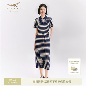 十二篮26夏新款纯棉Polo领条纹抽绳收腰休闲运动连衣裙女藏蓝
