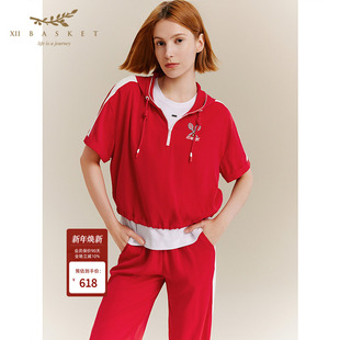 连帽衫 短款 运动 运动休闲红色连帽短袖 十二篮2025秋新款