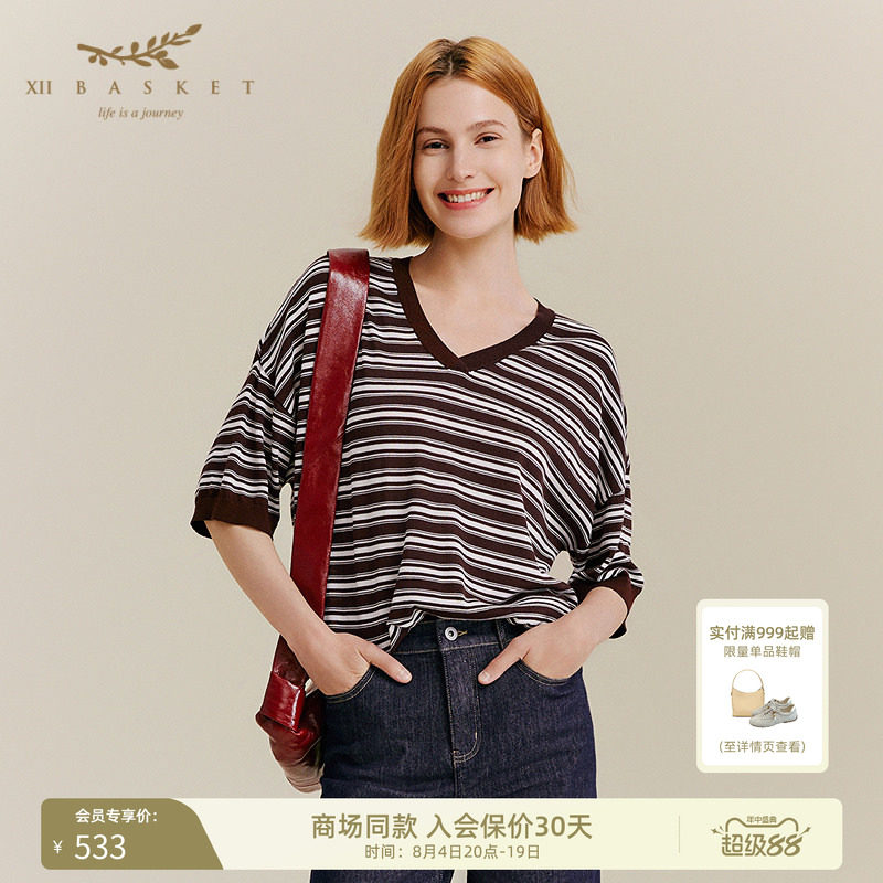 十二篮复古咖啡拼色条纹V领上衣