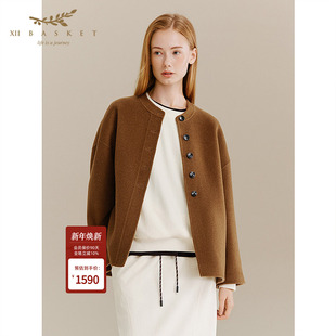 十二篮专选25冬新款 圆领毛呢外套 休闲羊毛羊绒双面呢大衣女短款
