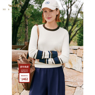 休闲百搭舒适上衣 女长袖 十二篮26春新款 绵羊毛撞色罗纹针织衫