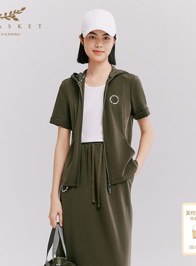 十二篮26夏新款莱赛尔连帽微收腰短袖上衣休闲户外运动外套女绿色