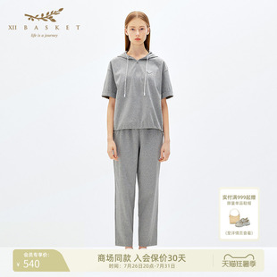 XII BASKET十二篮灰色丝光棉抽绳腰松弛小直筒休闲裤女夏季