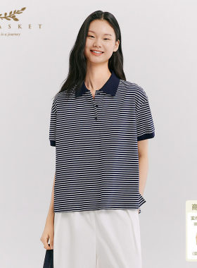 十二篮26春新款航海系polo衫女撞色条纹T恤廓形通勤休闲上衣藏蓝