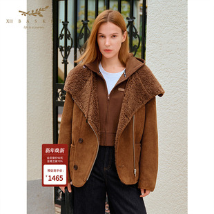 复古美拉德麂皮绒大衣翻领皮毛一体外套 十二篮25冬新款 100羊毛