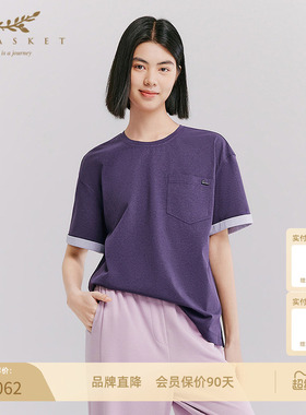 十二篮26夏新款松弛感通勤上衣短袖口袋时尚百搭慵懒紫色T恤女