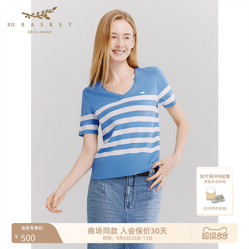 十二篮深V凉感条纹针织衫