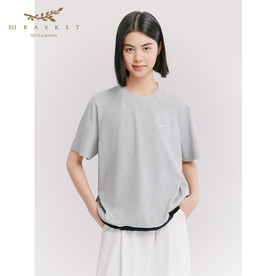 十二篮26夏新款 T恤女抽绳休闲百搭上衣浅灰 棉混纺抗菌撞色短袖