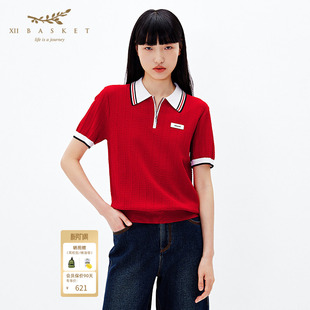 女 针织polo衫 十二篮专选夏季 绞花肌理撞色半开襟休闲宽松时尚