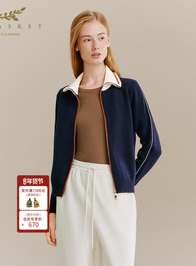 十二篮专选25冬新款绵羊毛拉链针织开衫舒适百搭通勤藏蓝色上衣女